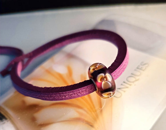 Unique Leather Bracelet, Sumac - Flower Bead