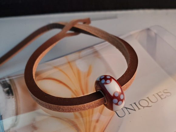 Unique Leather Bracelet, Brown- Red Bead