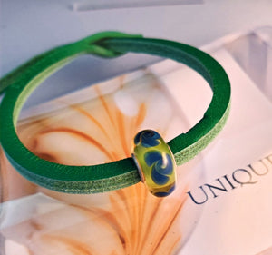 Unique Leather Bracelet, Mint - Blue Flower Bead
