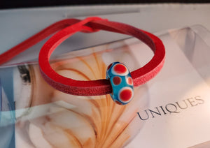 Unique Leather Bracelet, Red - Blue Bead
