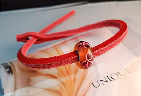 Unique Leather Bracelet, Red - Red Flower Bead