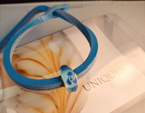 Unique Leather Bracelet, Blue - Blue Flower Bead