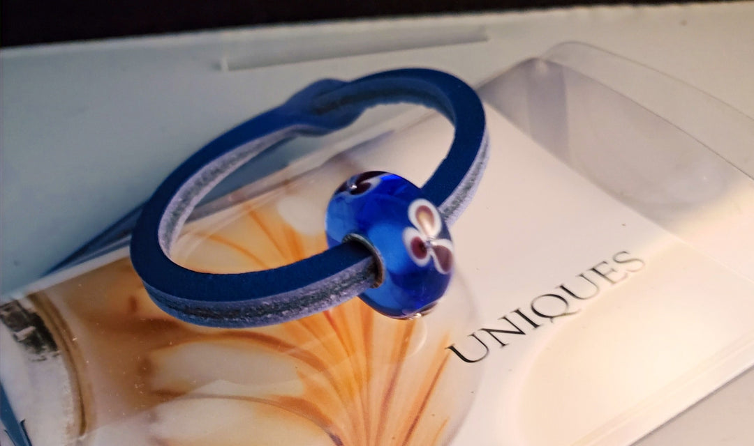 Unique Leather Bracelet, Blue - Dark Blue Bead