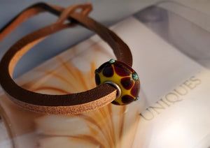 Unique Leather Bracelet, Brown-  Red and Yellow Bead
