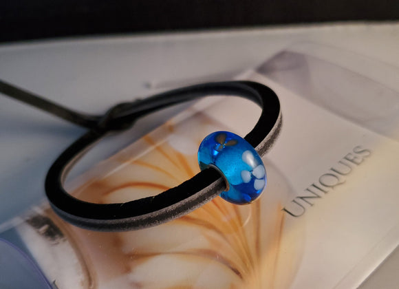 Unique Leather Bracelet, Black Pepper - Blue Bead