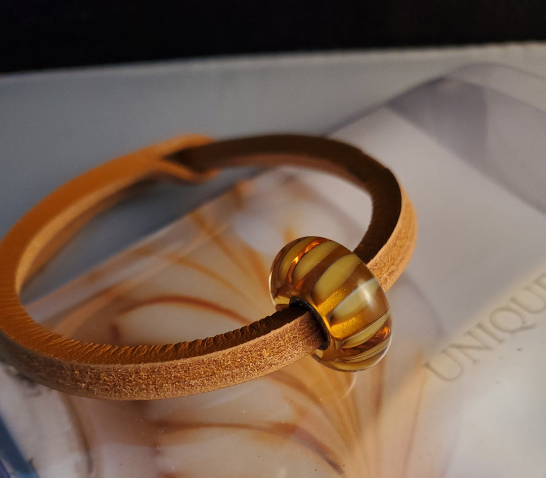 Unique Leather Bracelet, Mustard - Stripe Bead