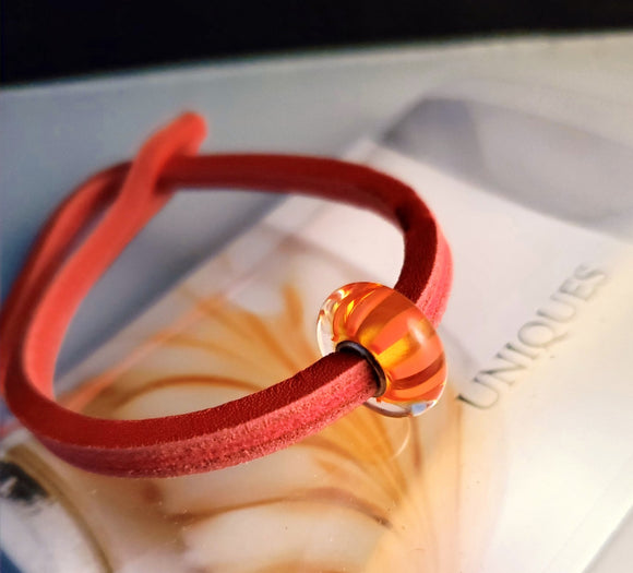Unique Leather Bracelet, Red - Stripe Bead